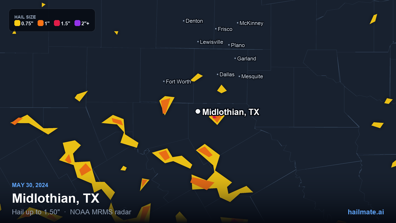 Hail swath map for Midlothian, TX on May 30, 2024 showing 1.50 inch hail.