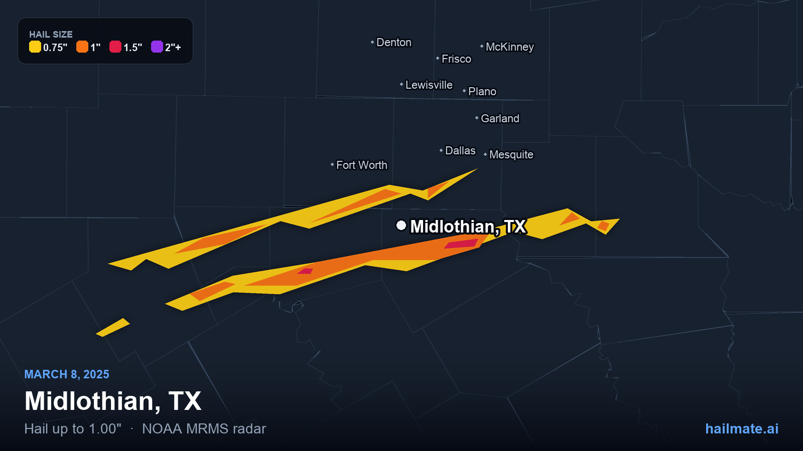 Hail swath map for Midlothian, TX on March 8, 2025 showing 1.00 inch hail.