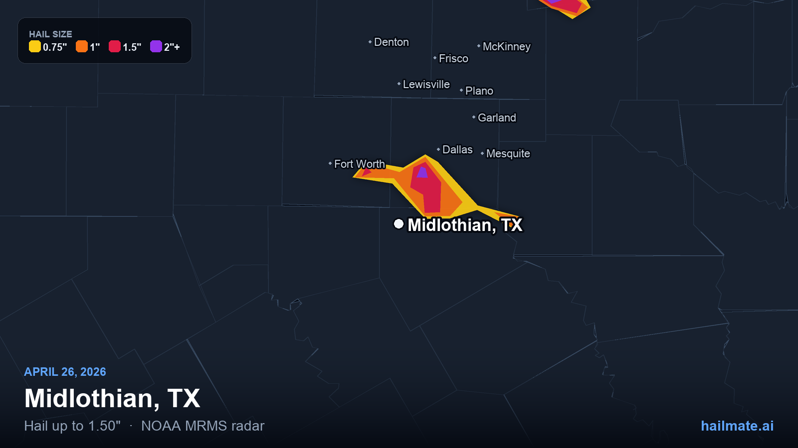 Hail swath map for Midlothian, TX on April 26, 2026 showing 1.50 inch hail.