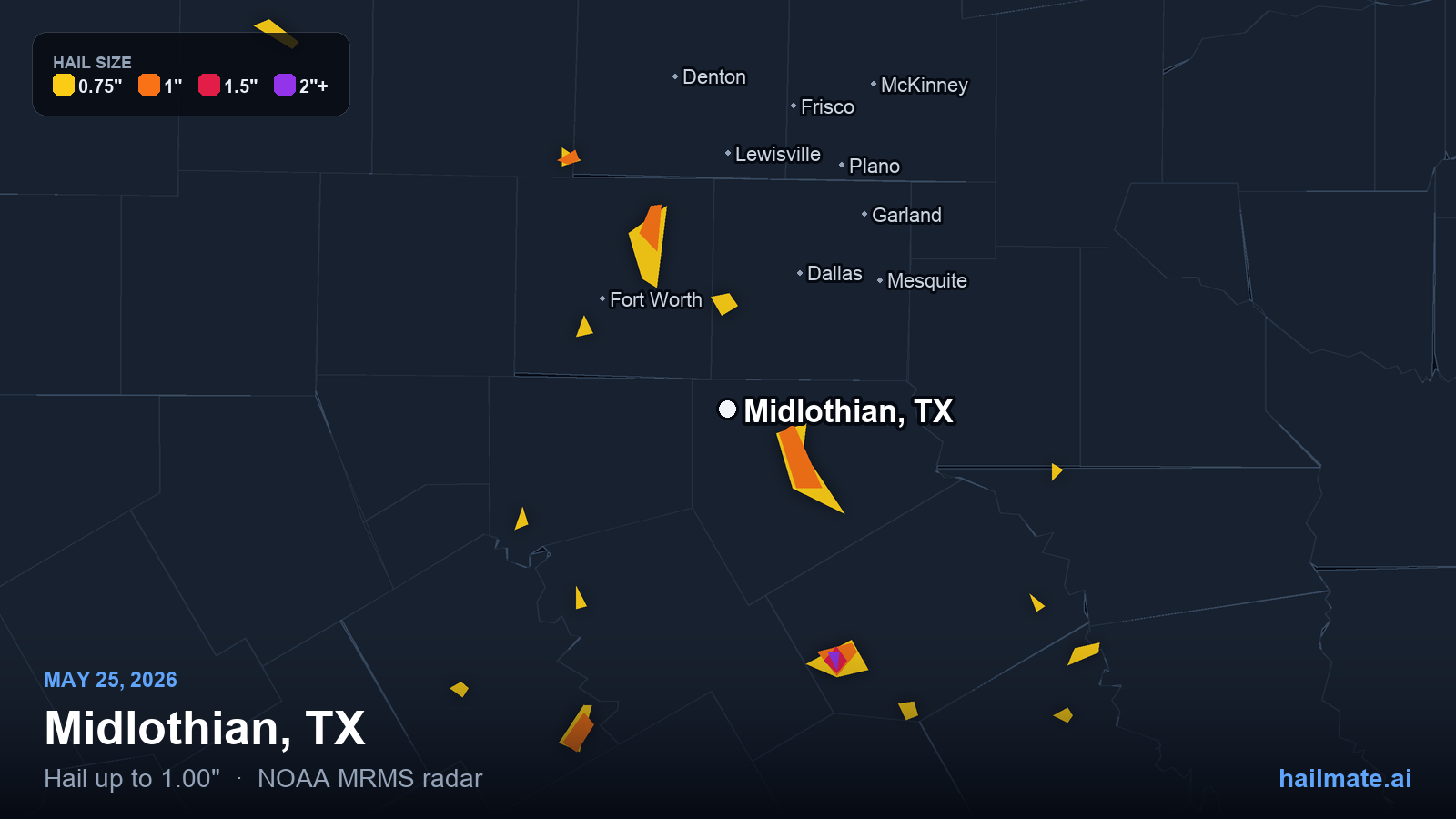 Hail swath map for Midlothian, TX on May 25, 2026 showing 1.00 inch hail.