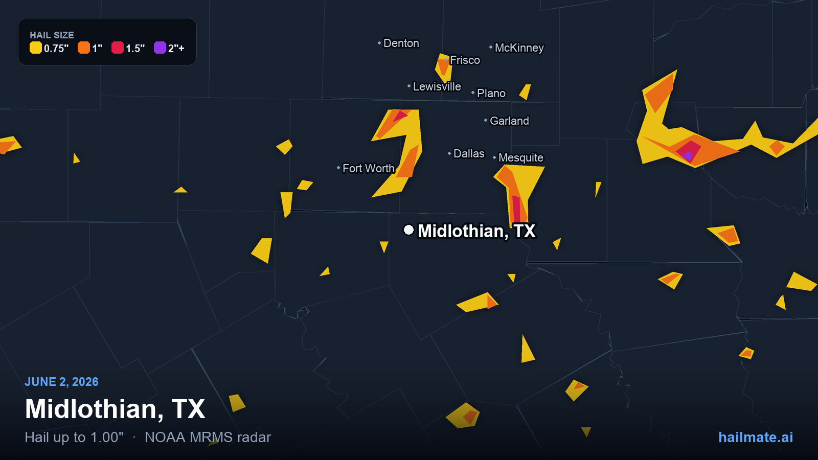Hail swath map for Midlothian, TX on June 2, 2026 showing 1.00 inch hail.