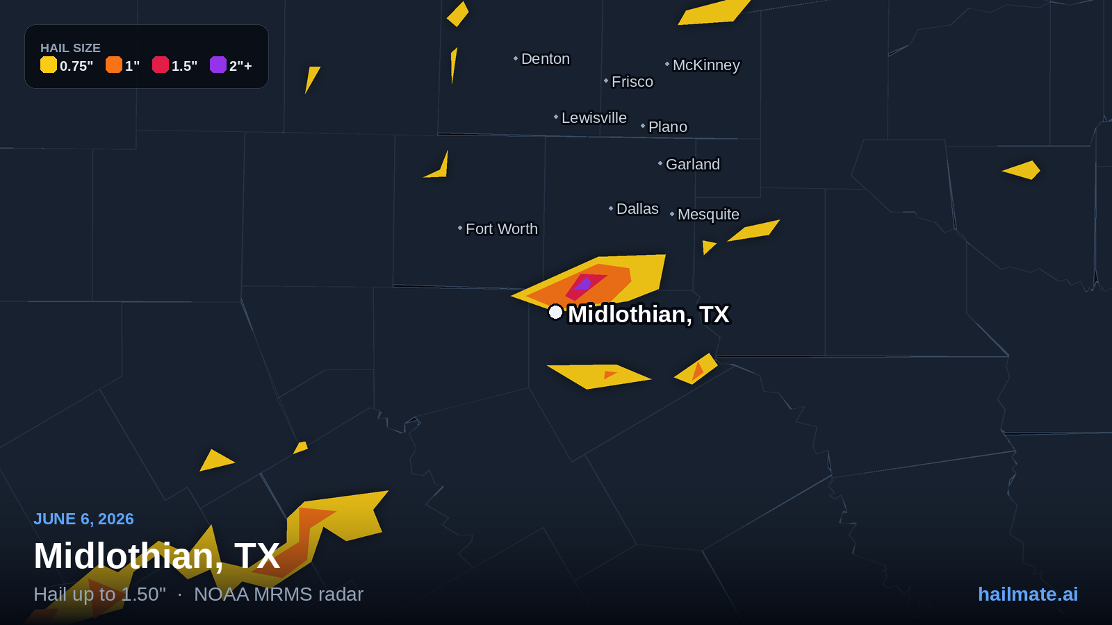 Hail swath map for Midlothian, TX on June 6, 2026 showing 1.50 inch hail.