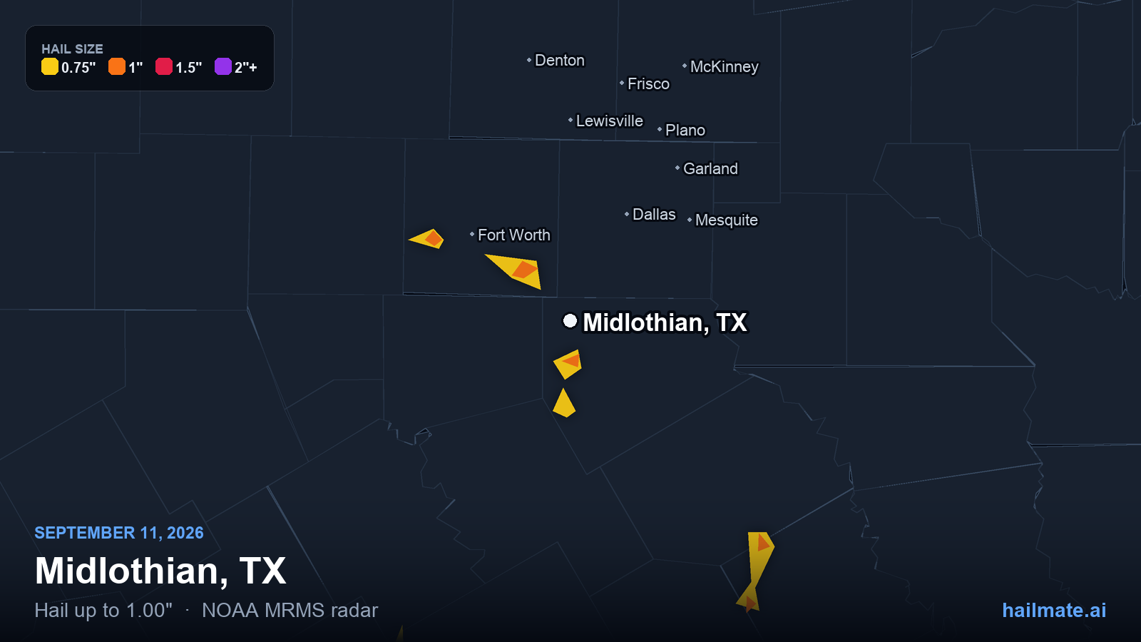 Hail swath map for Midlothian, TX on September 11, 2026 showing 1.00 inch hail.