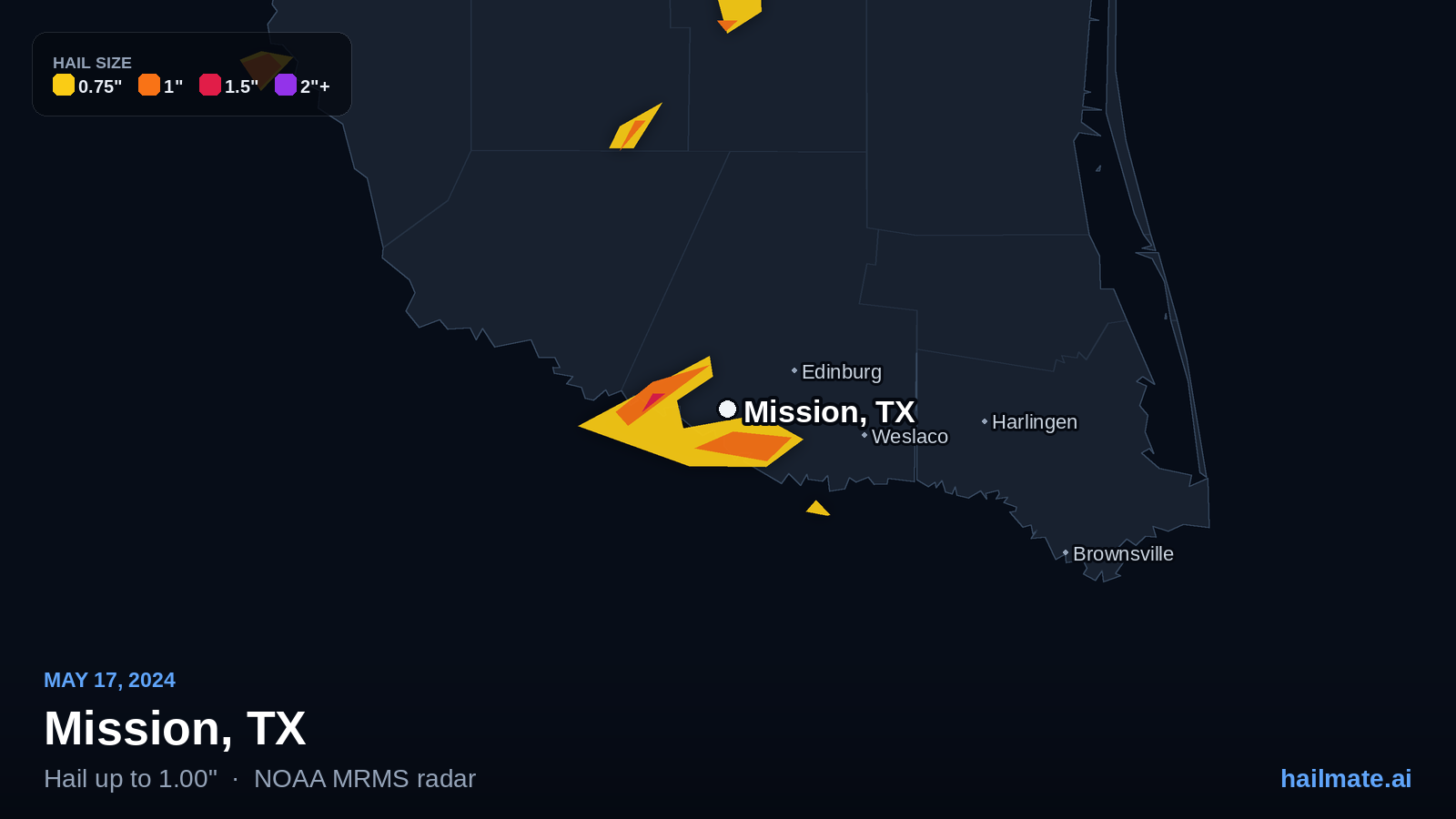 Hail swath map for Mission, TX on May 17, 2024 showing 1.00 inch hail.