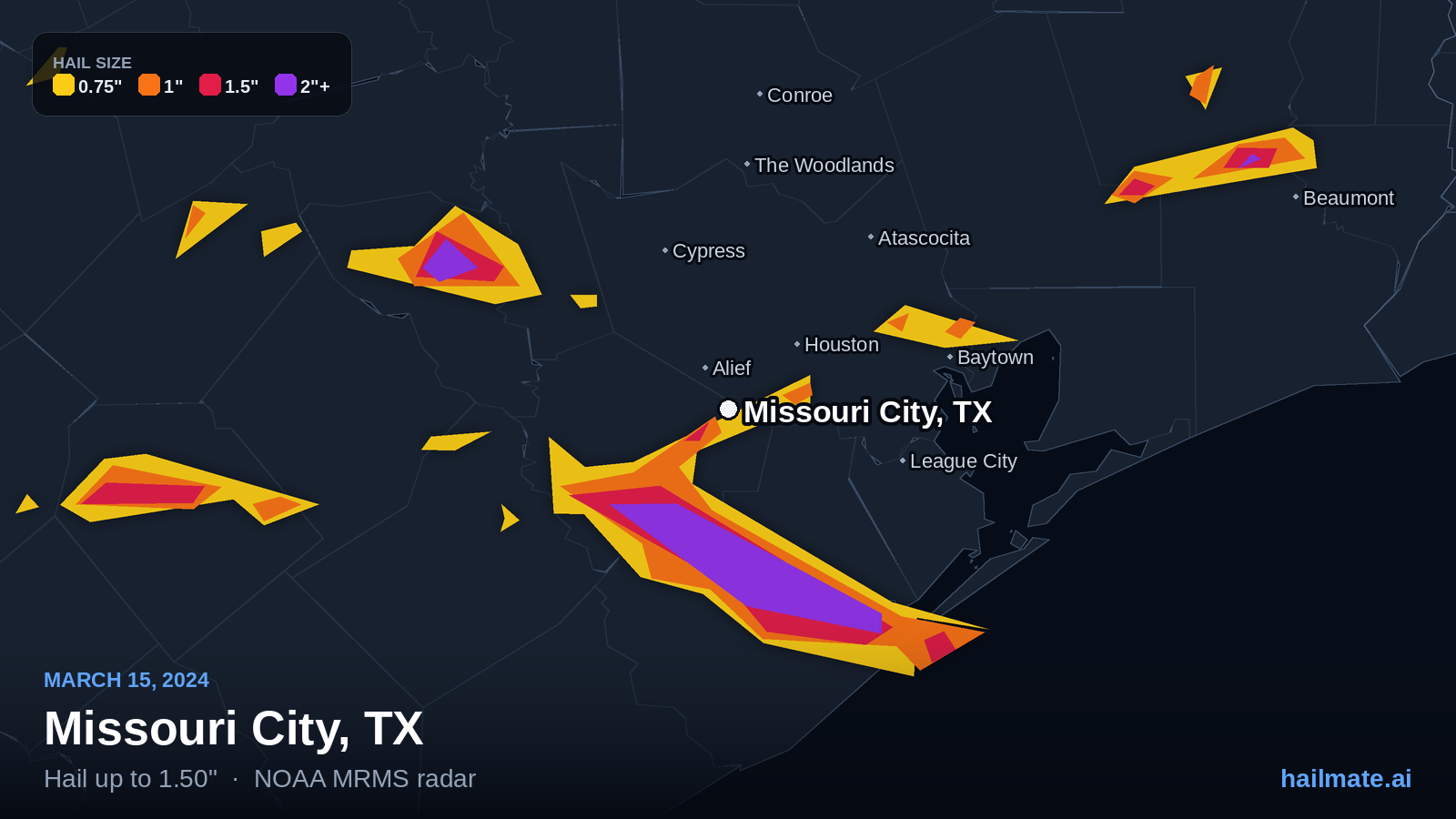 Hail swath map for Missouri City, TX on March 15, 2024 showing 1.50 inch hail.