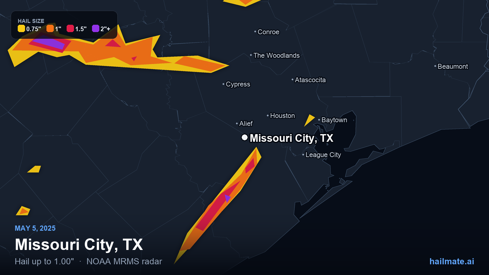 Hail swath map for Missouri City, TX on May 5, 2025 showing 1.00 inch hail.