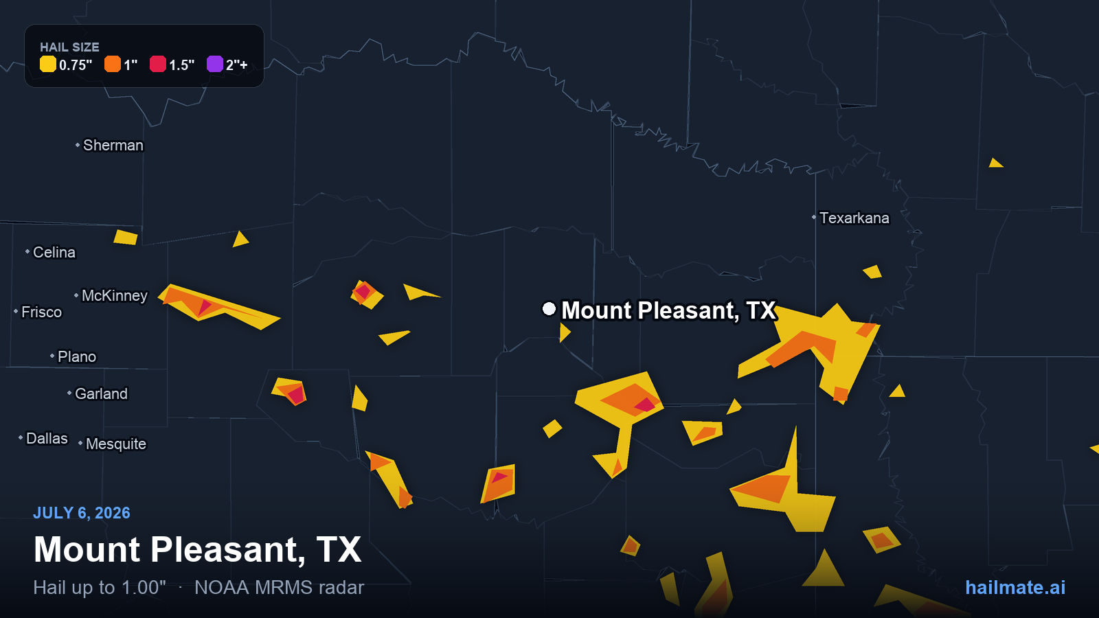Hail swath map for Mount Pleasant, TX on July 6, 2026 showing 1.00 inch hail.