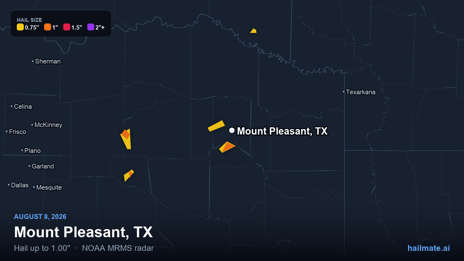 Hail swath map for Mount Pleasant, TX on August 8, 2026 showing 1.00 inch hail.