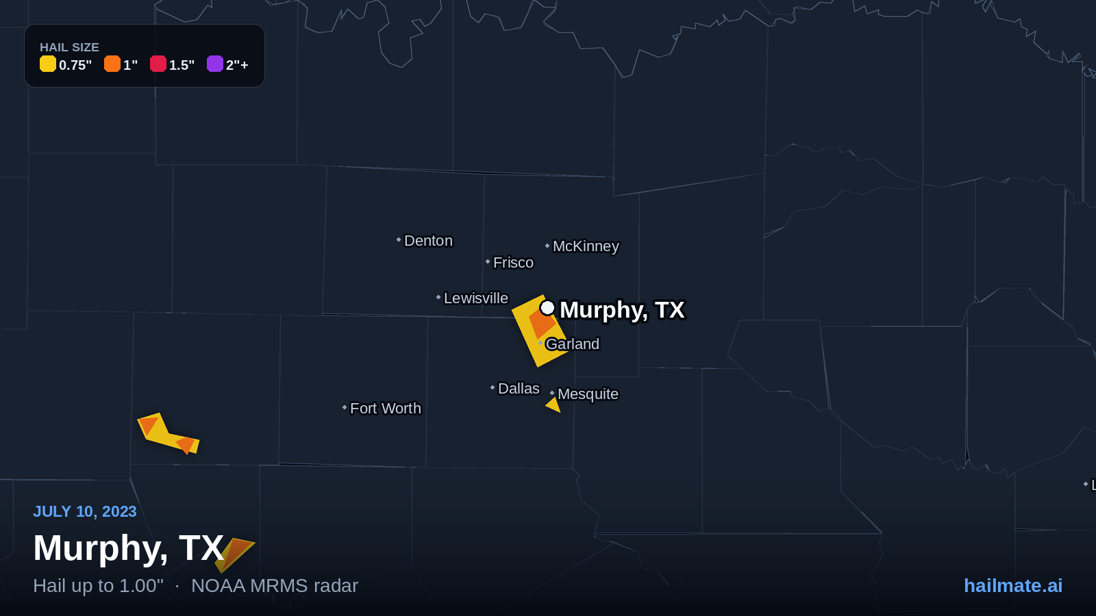 Hail swath map for Murphy, TX on July 10, 2023 showing 1.00 inch hail.