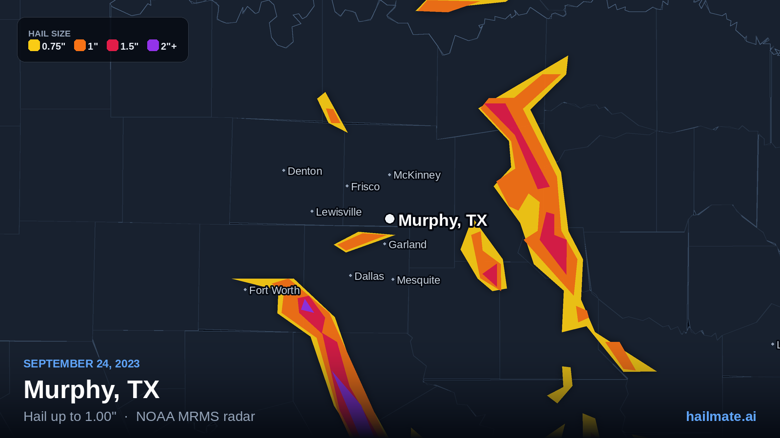 Hail swath map for Murphy, TX on September 24, 2023 showing 1.00 inch hail.