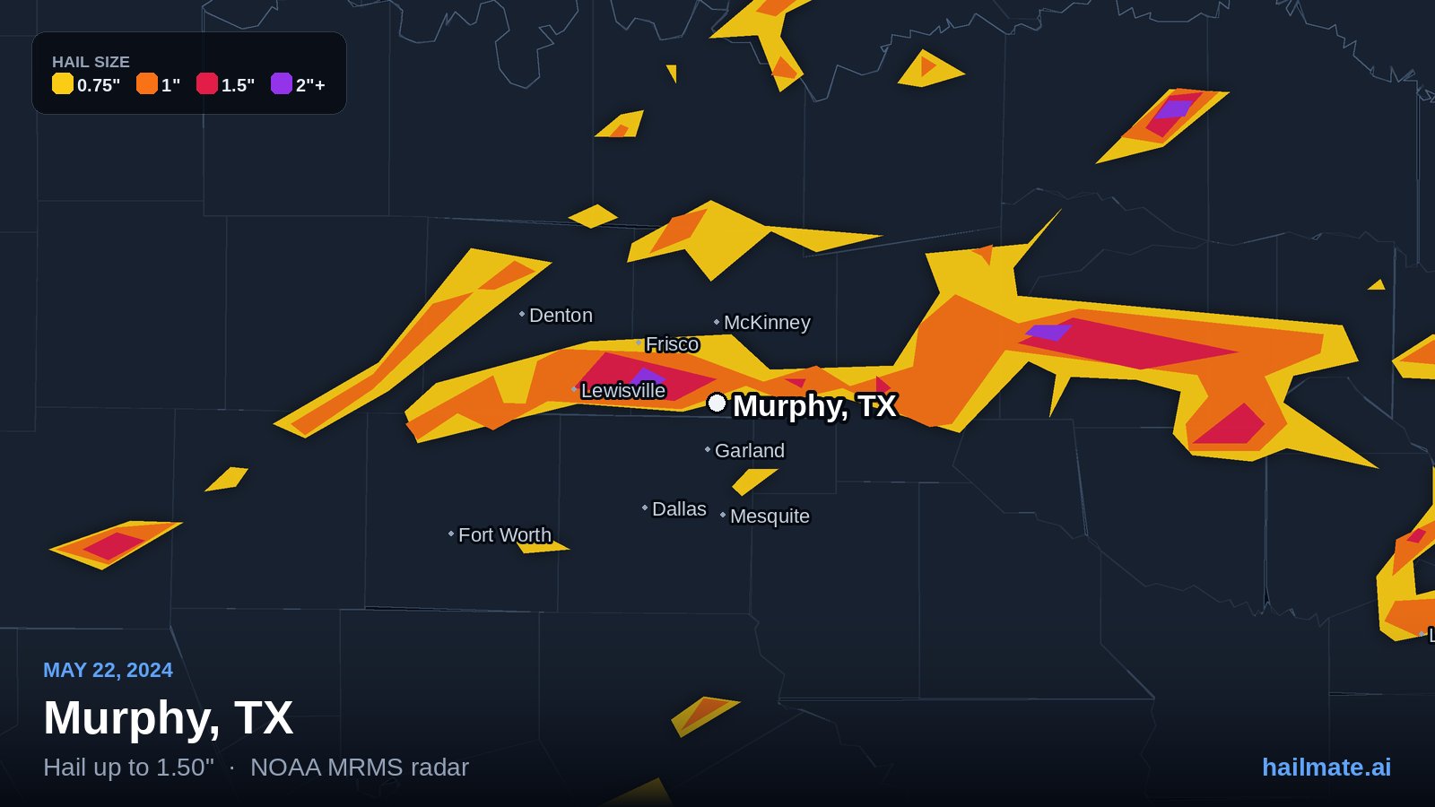 Hail swath map for Murphy, TX on May 22, 2024 showing 1.50 inch hail.