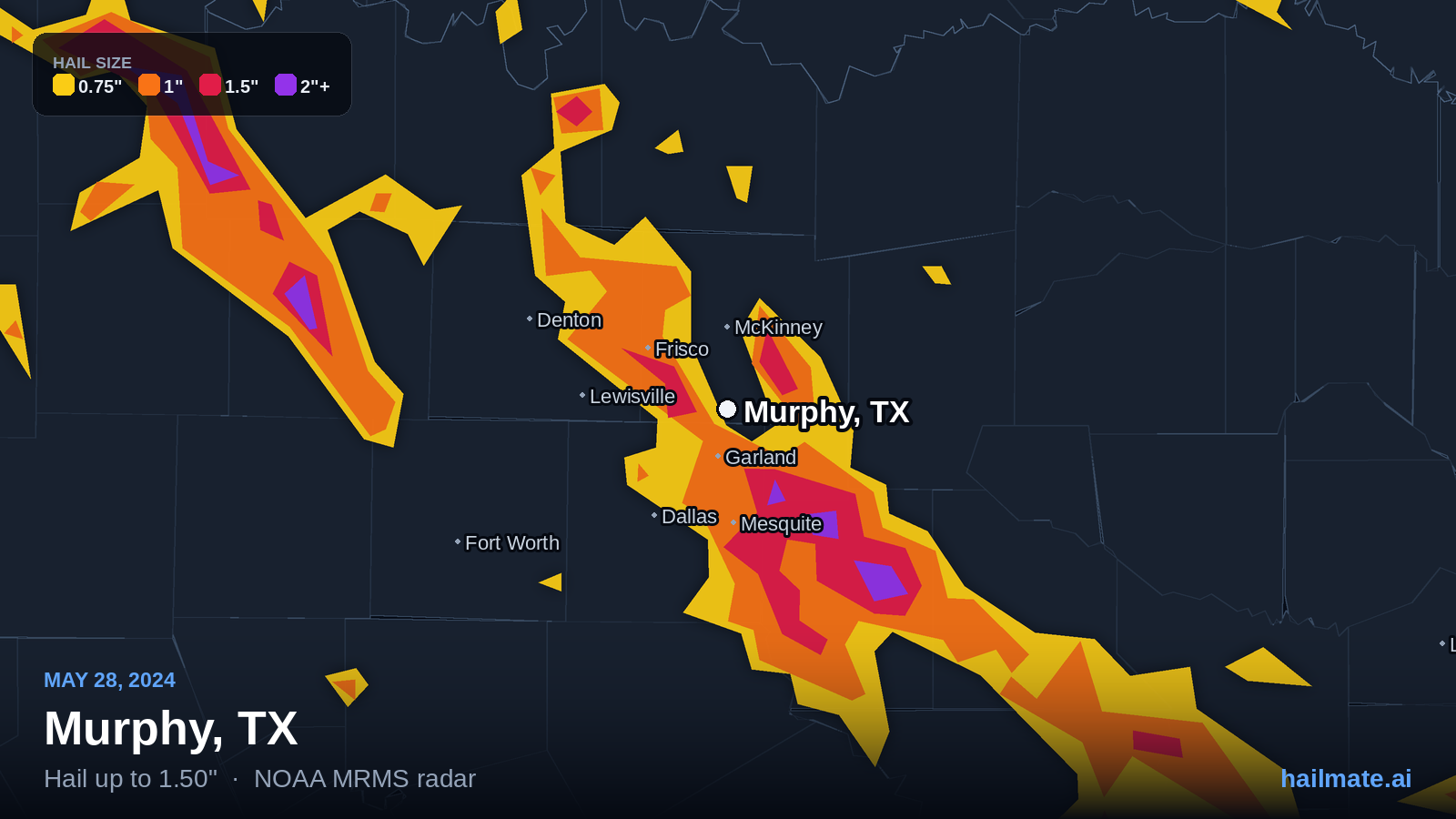 Hail swath map for Murphy, TX on May 28, 2024 showing 1.50 inch hail.