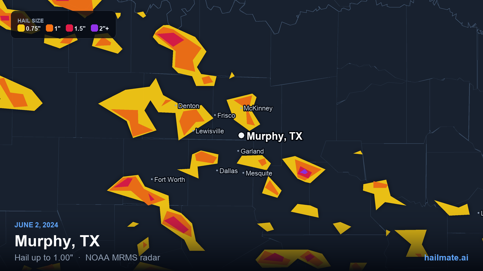 Hail swath map for Murphy, TX on June 2, 2024 showing 1.00 inch hail.