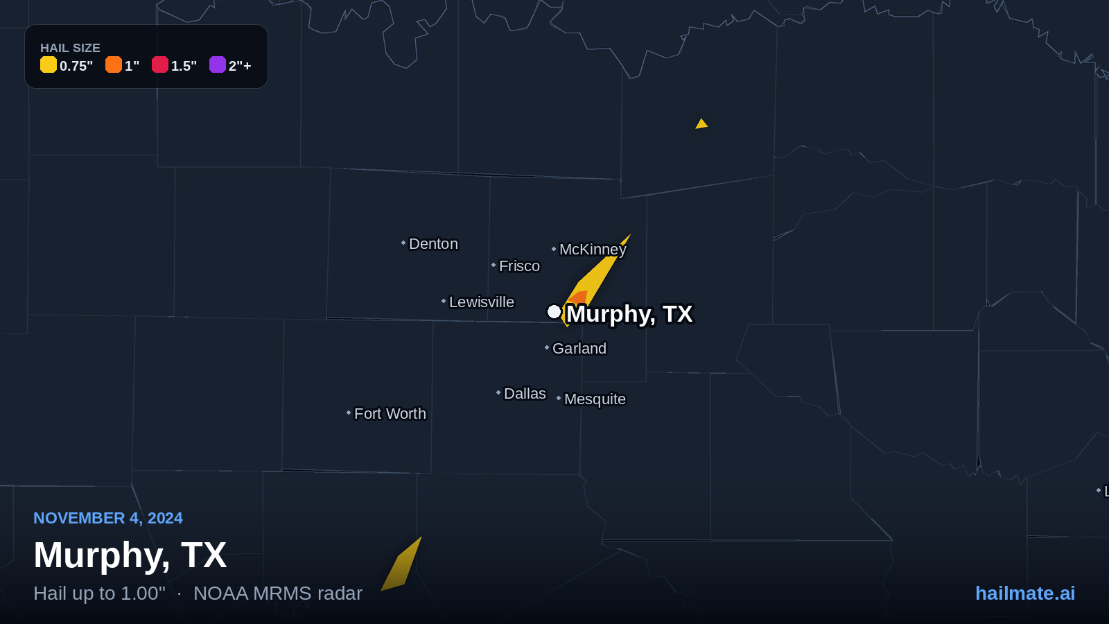 Hail swath map for Murphy, TX on November 4, 2024 showing 1.00 inch hail.