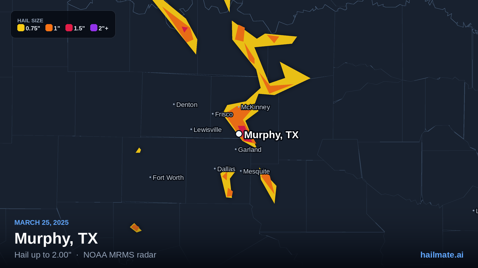 Hail swath map for Murphy, TX on March 25, 2025 showing 2.00 inch hail.