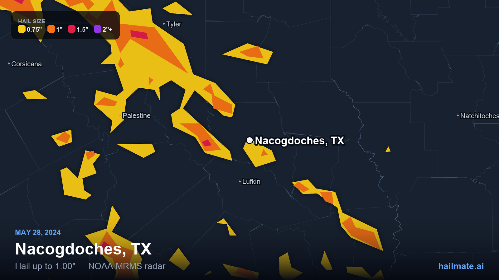 Hail swath map for Nacogdoches, TX on May 28, 2024 showing 1.00 inch hail.