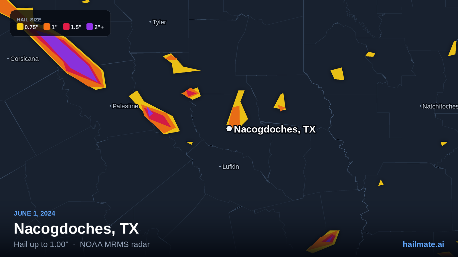 Hail swath map for Nacogdoches, TX on June 1, 2024 showing 1.00 inch hail.