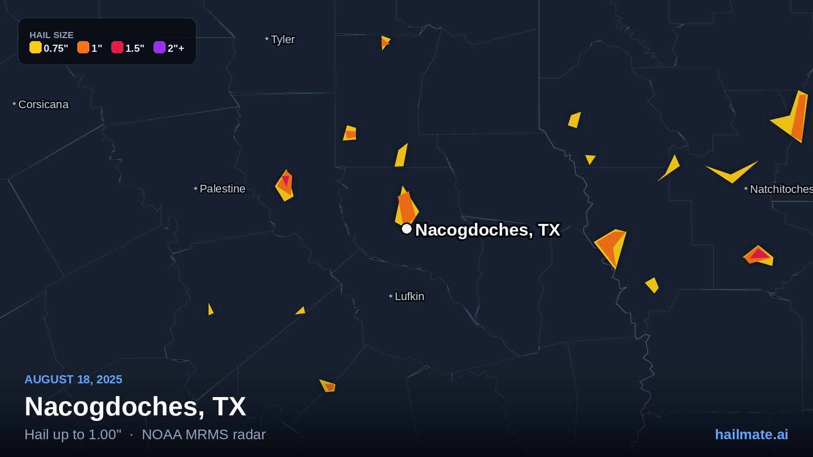 Hail swath map for Nacogdoches, TX on August 18, 2025 showing 1.00 inch hail.