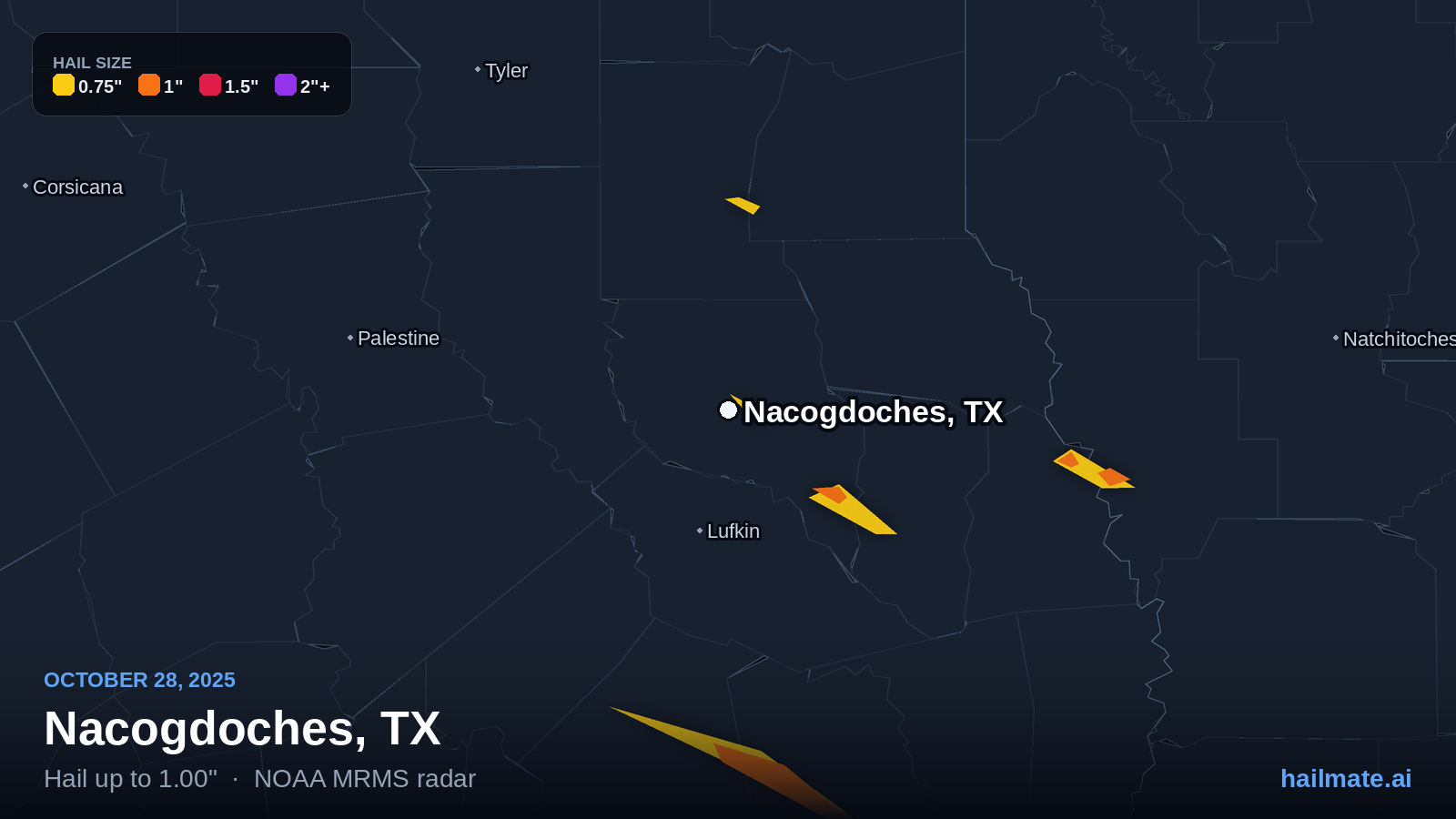 Hail swath map for Nacogdoches, TX on October 28, 2025 showing 1.00 inch hail.