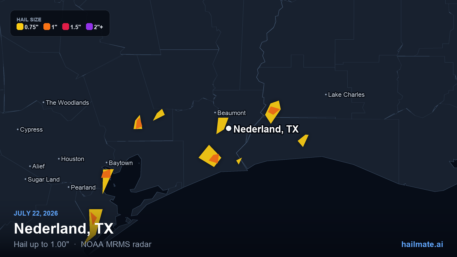 Hail swath map for Nederland, TX on July 22, 2026 showing 1.00 inch hail.