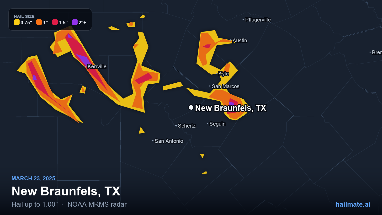 Hail swath map for New Braunfels, TX on March 23, 2025 showing 1.00 inch hail.