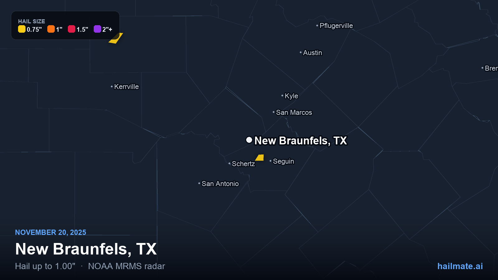 Hail swath map for New Braunfels, TX on November 20, 2025 showing 1.00 inch hail.