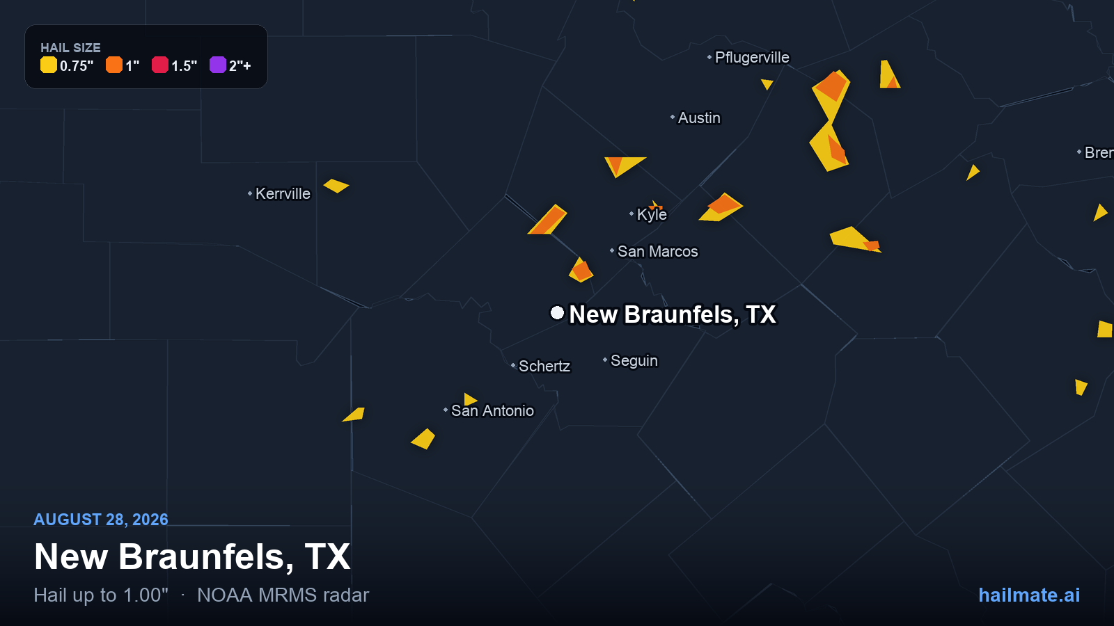 Hail swath map for New Braunfels, TX on August 28, 2026 showing 1.00 inch hail.