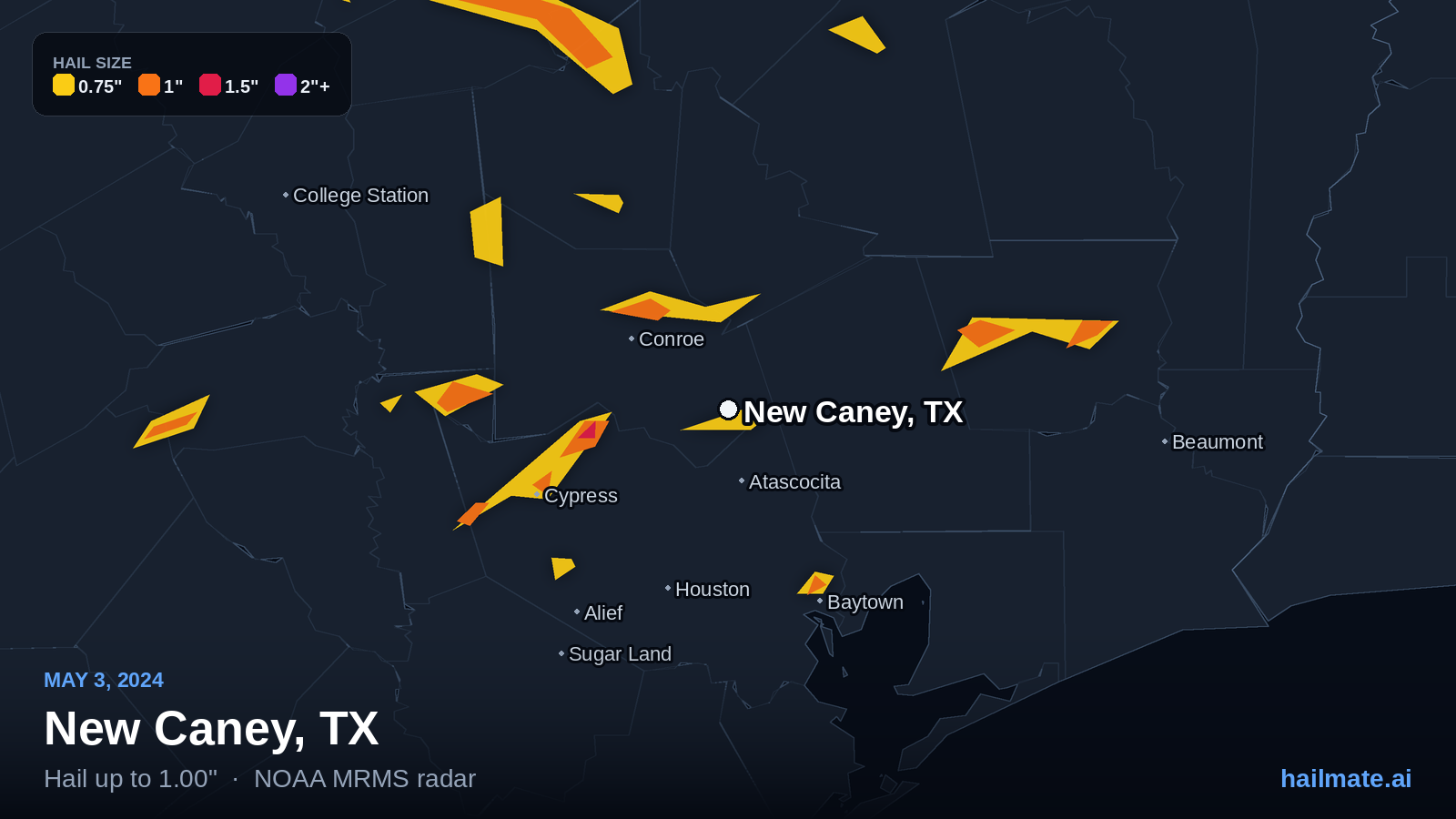 Hail swath map for New Caney, TX on May 3, 2024 showing 1.00 inch hail.
