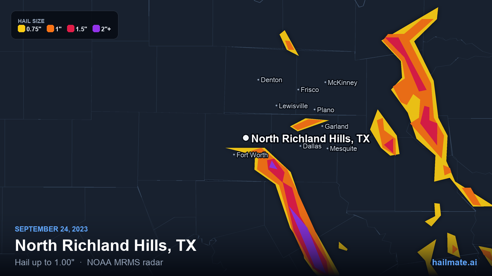 Hail swath map for North Richland Hills, TX on September 24, 2023 showing 1.00 inch hail.