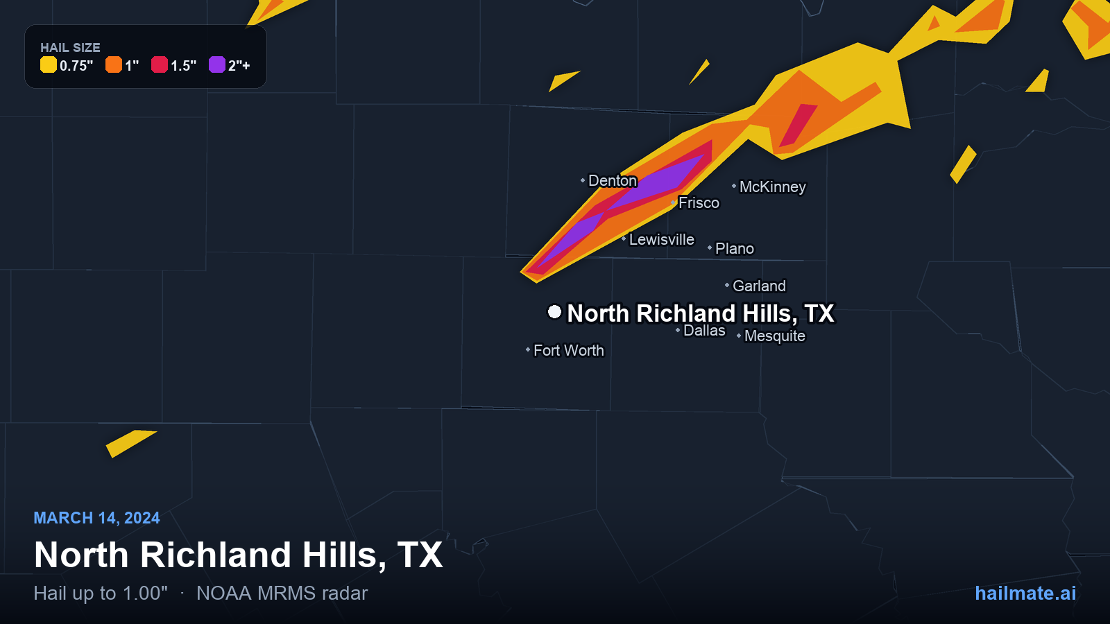 Hail swath map for North Richland Hills, TX on March 14, 2024 showing 1.00 inch hail.