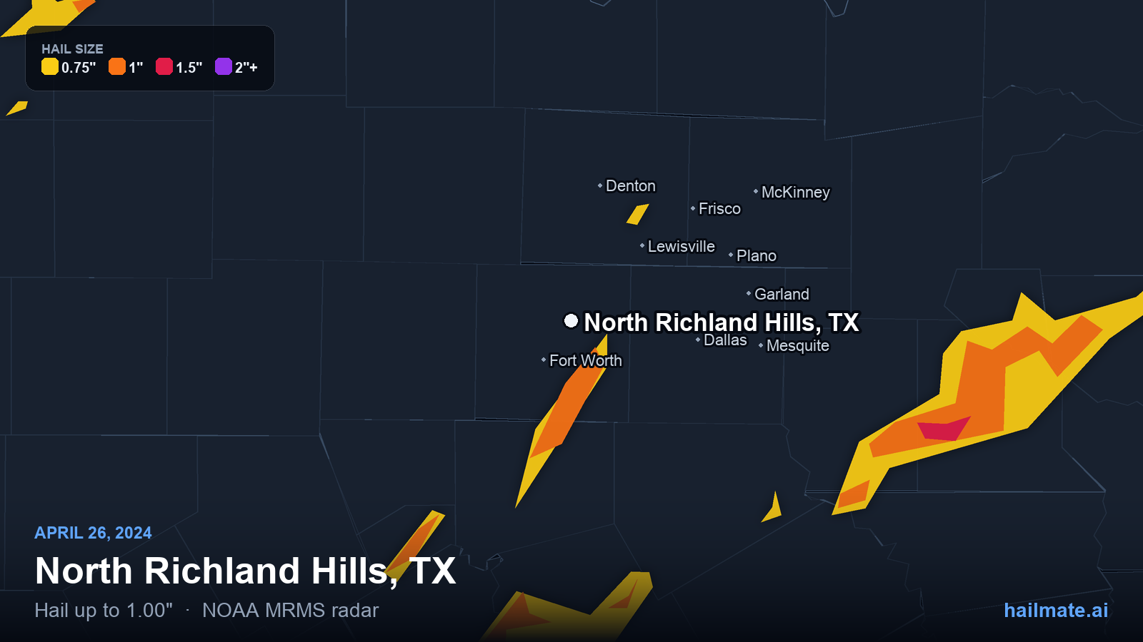 Hail swath map for North Richland Hills, TX on April 26, 2024 showing 1.00 inch hail.