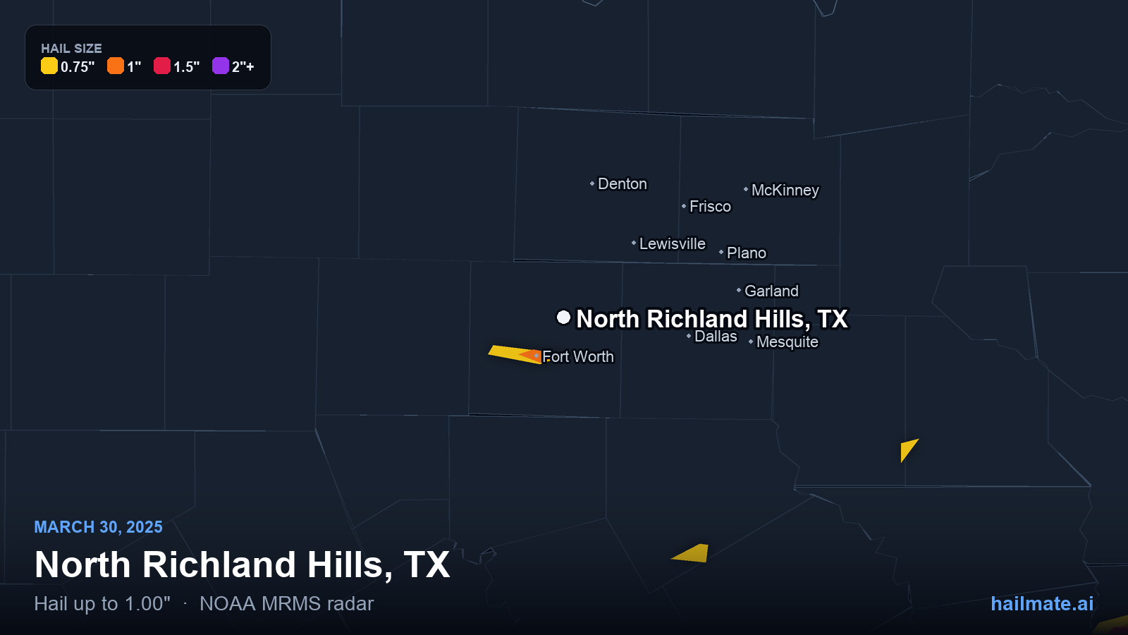 Hail swath map for North Richland Hills, TX on March 30, 2025 showing 1.00 inch hail.
