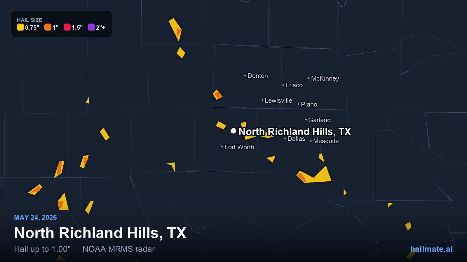 Hail swath map for North Richland Hills, TX on May 24, 2026 showing 1.00 inch hail.
