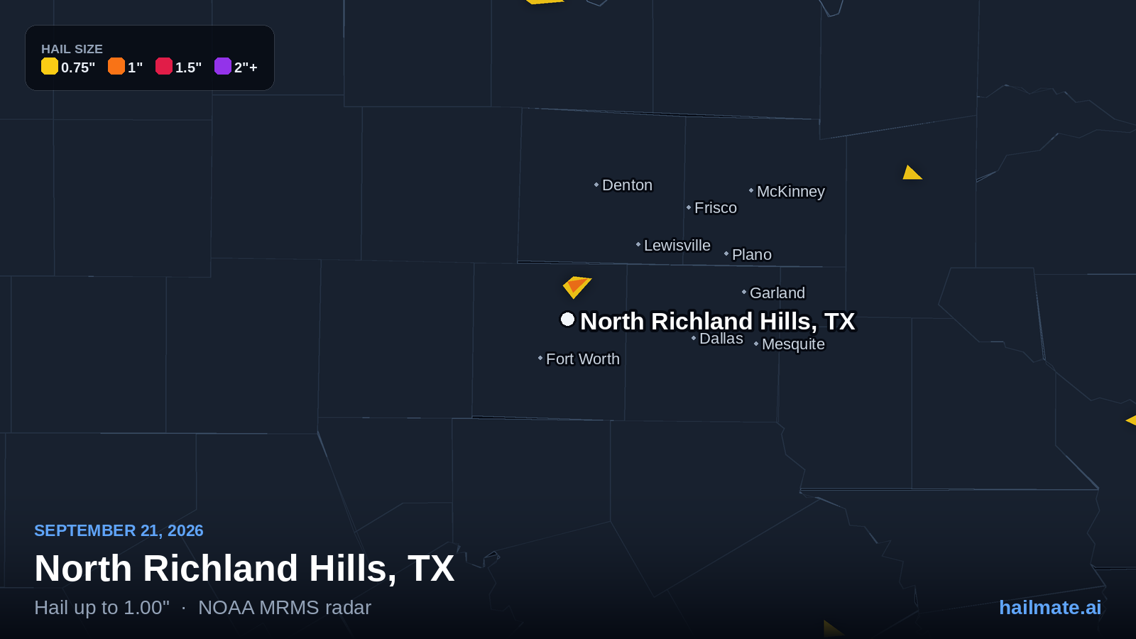 Hail swath map for North Richland Hills, TX on September 21, 2026 showing 1.00 inch hail.