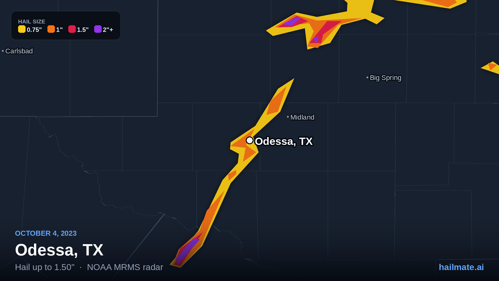 Hail swath map for Odessa, TX on October 4, 2023 showing 1.50 inch hail.