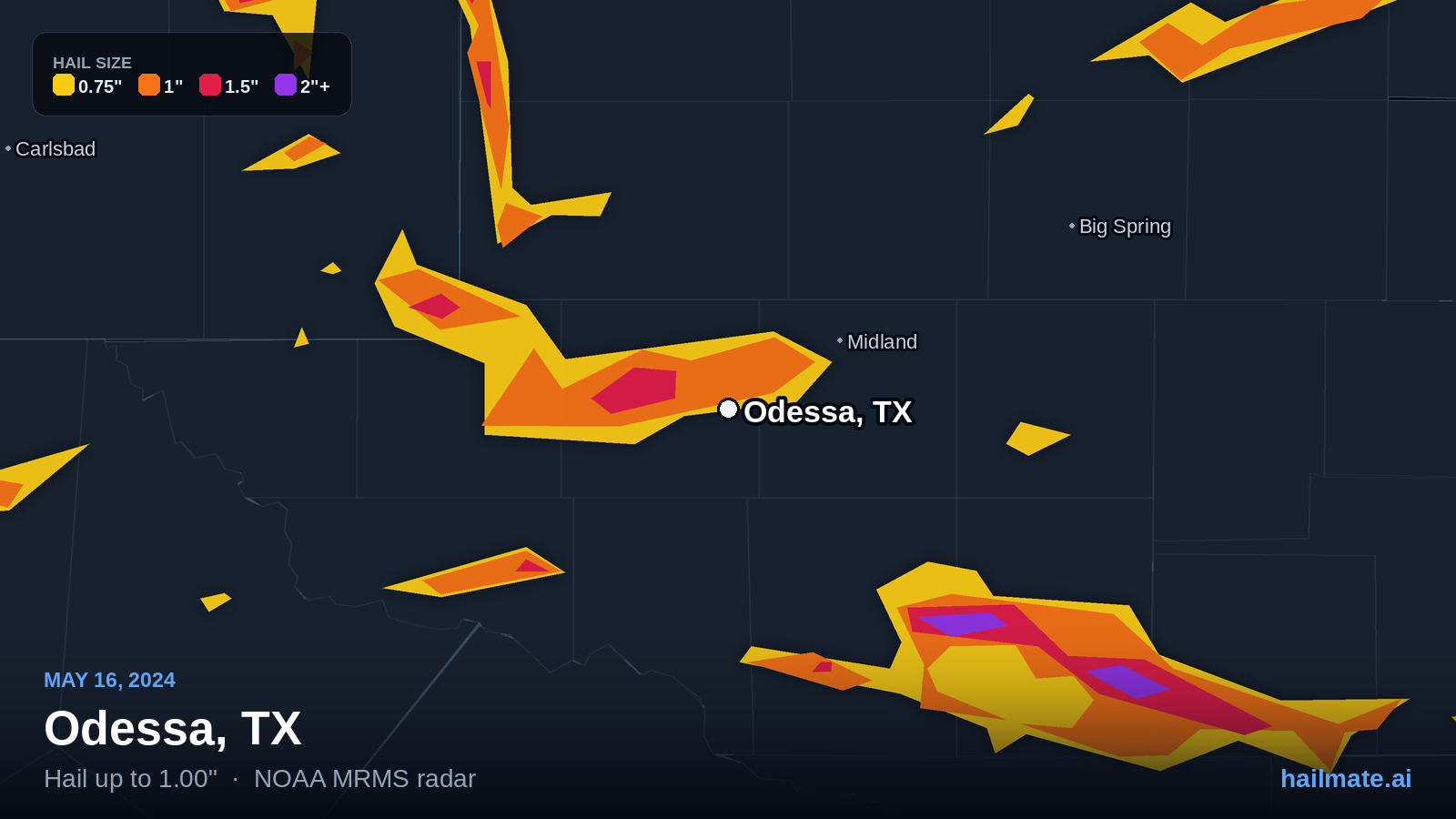 Hail swath map for Odessa, TX on May 16, 2024 showing 1.00 inch hail.