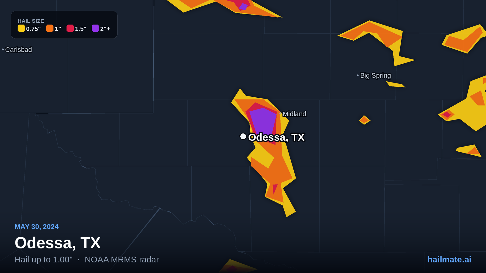 Hail swath map for Odessa, TX on May 30, 2024 showing 1.00 inch hail.