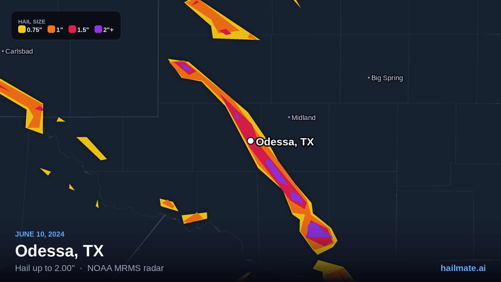 Hail swath map for Odessa, TX on June 10, 2024 showing 2.00 inch hail.