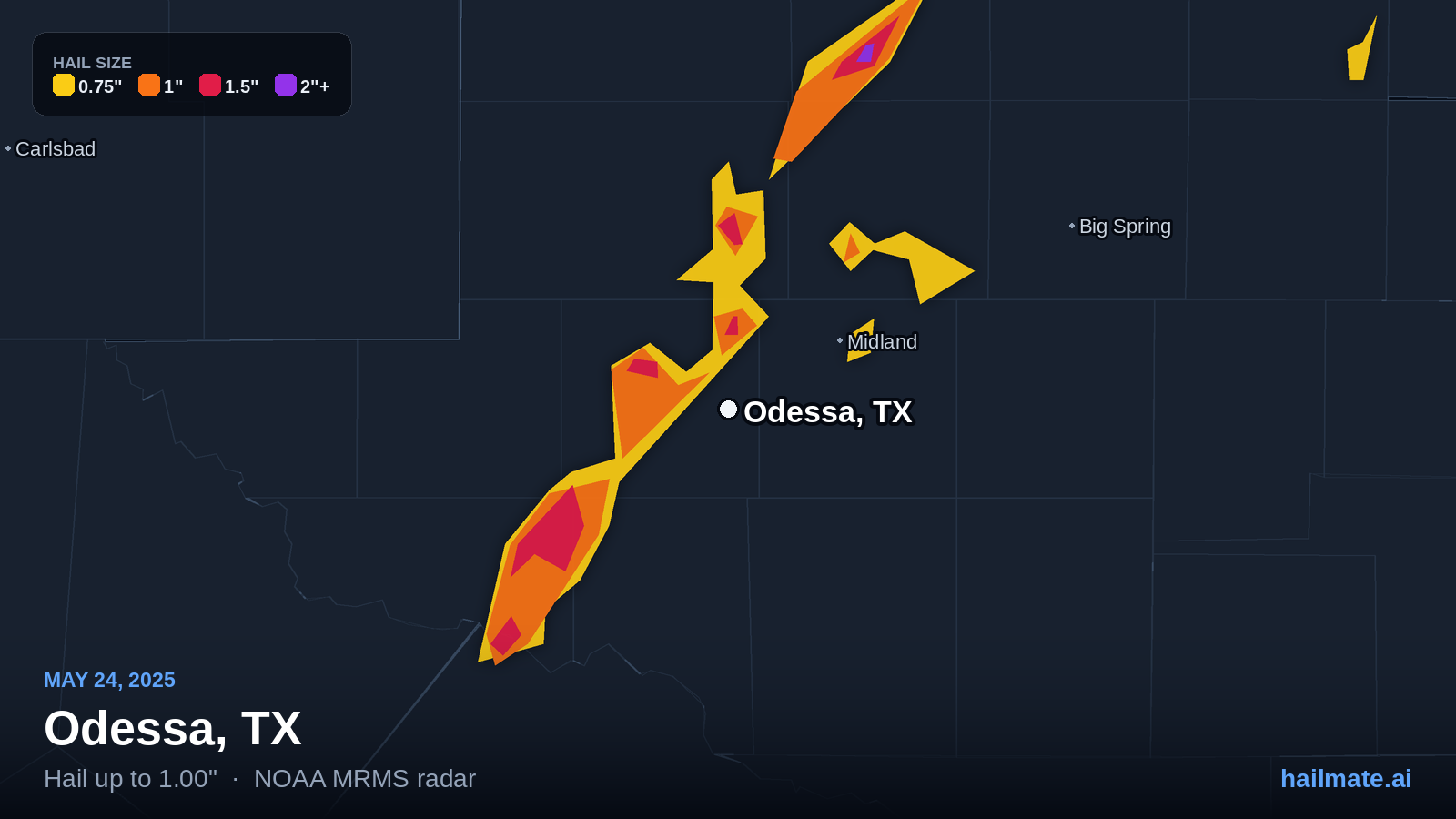 Hail swath map for Odessa, TX on May 24, 2025 showing 1.00 inch hail.