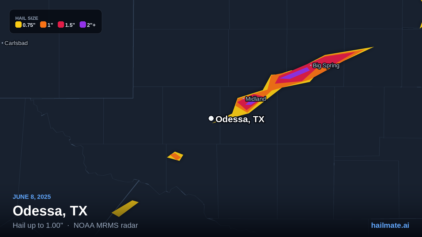 Hail swath map for Odessa, TX on June 8, 2025 showing 1.00 inch hail.