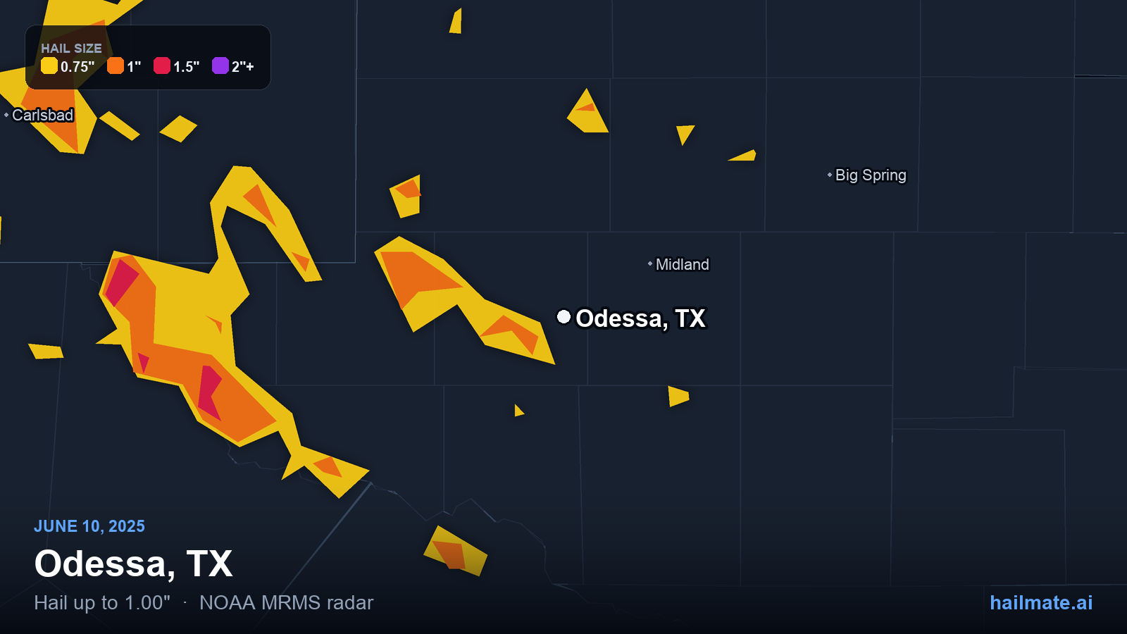 Hail swath map for Odessa, TX on June 10, 2025 showing 1.00 inch hail.