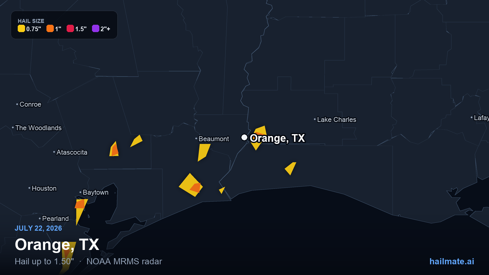 Hail swath map for Orange, TX on July 22, 2026 showing 1.50 inch hail.
