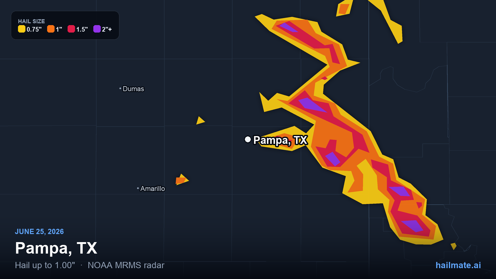 Hail swath map for Pampa, TX on June 25, 2026 showing 1.00 inch hail.