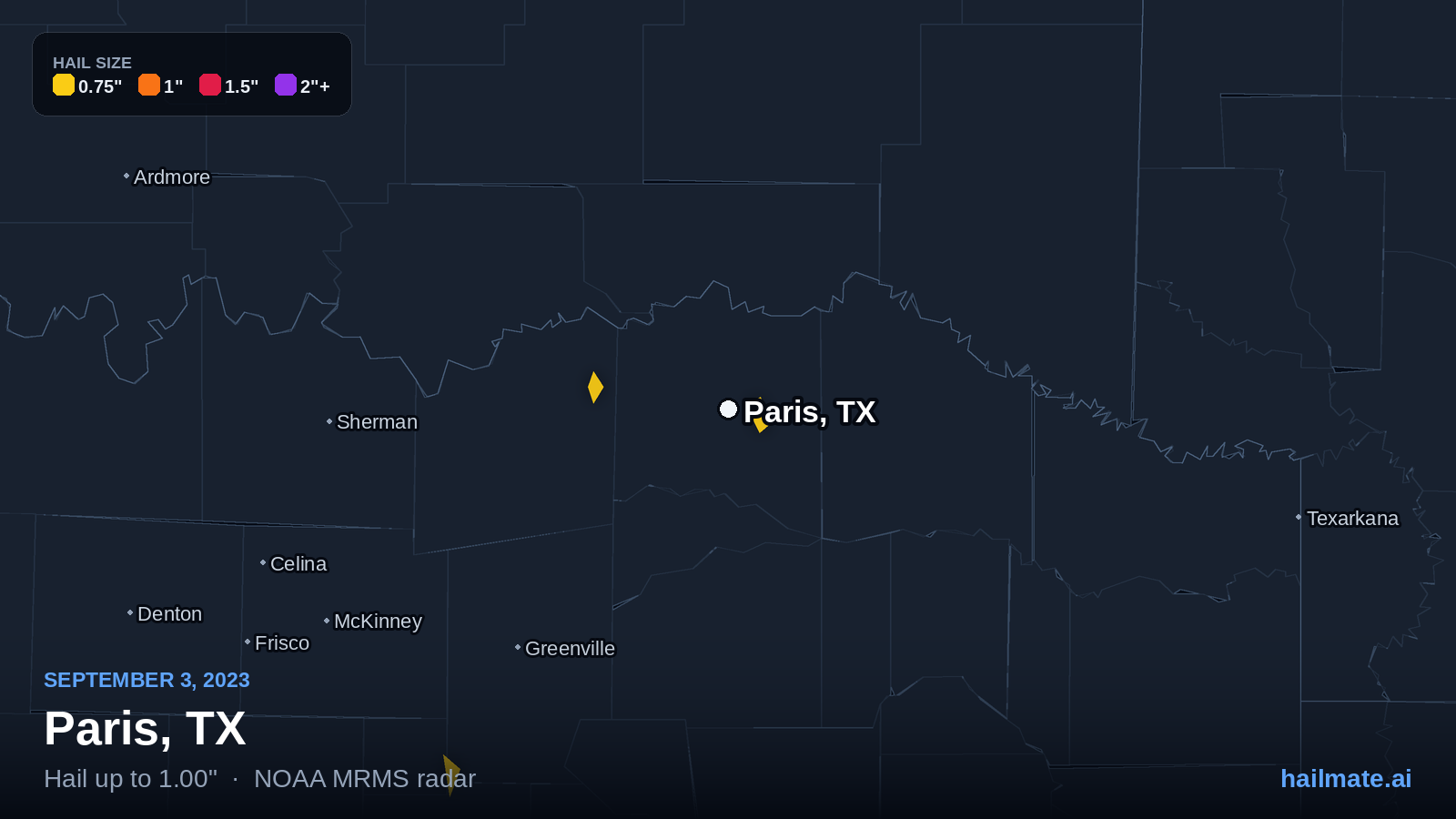 Hail swath map for Paris, TX on September 3, 2023 showing 1.00 inch hail.