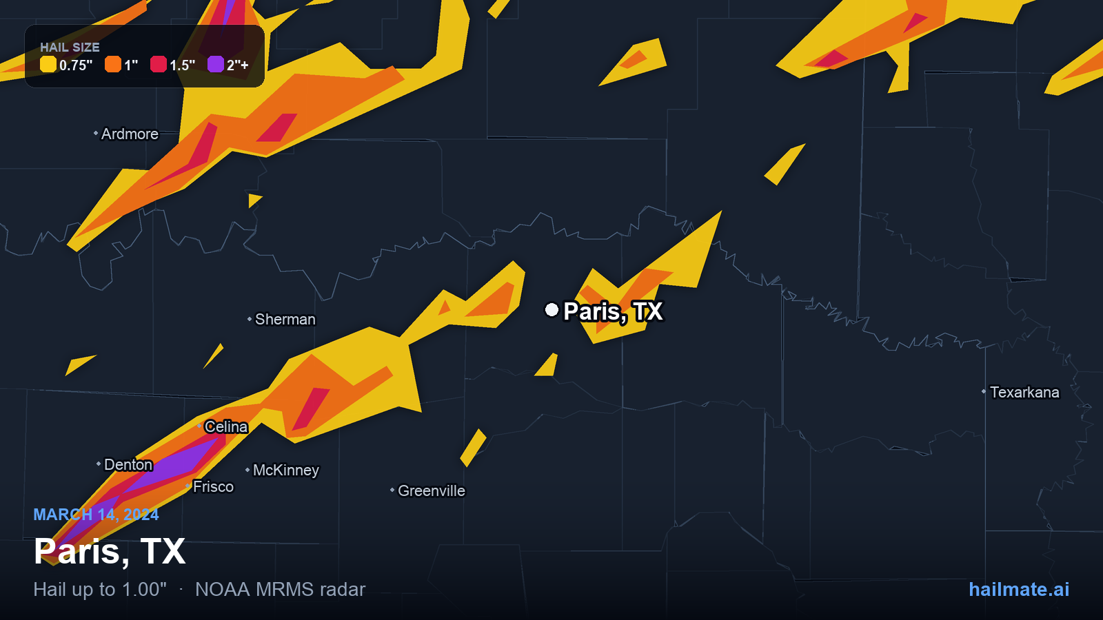 Hail swath map for Paris, TX on March 14, 2024 showing 1.00 inch hail.