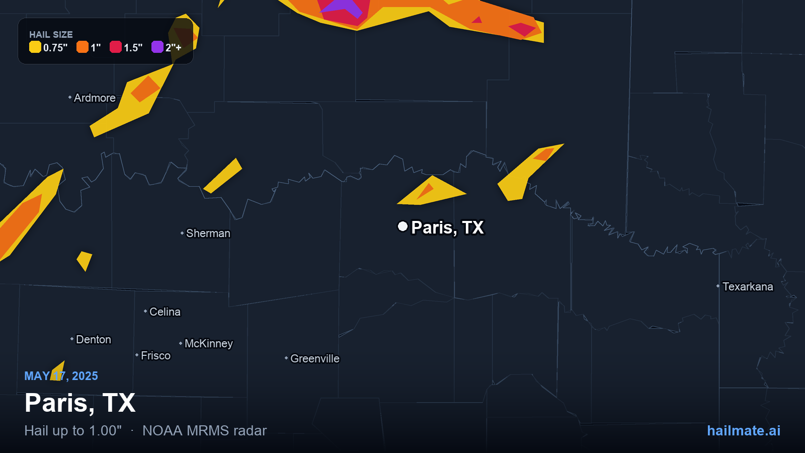 Hail swath map for Paris, TX on May 17, 2025 showing 1.00 inch hail.
