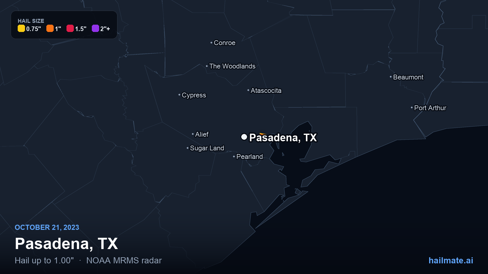 Hail swath map for Pasadena, TX on October 21, 2023 showing 1.00 inch hail.