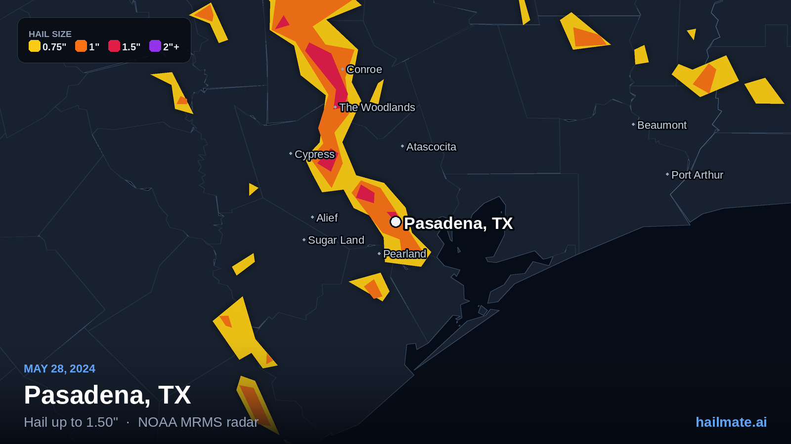 Hail swath map for Pasadena, TX on May 28, 2024 showing 1.50 inch hail.