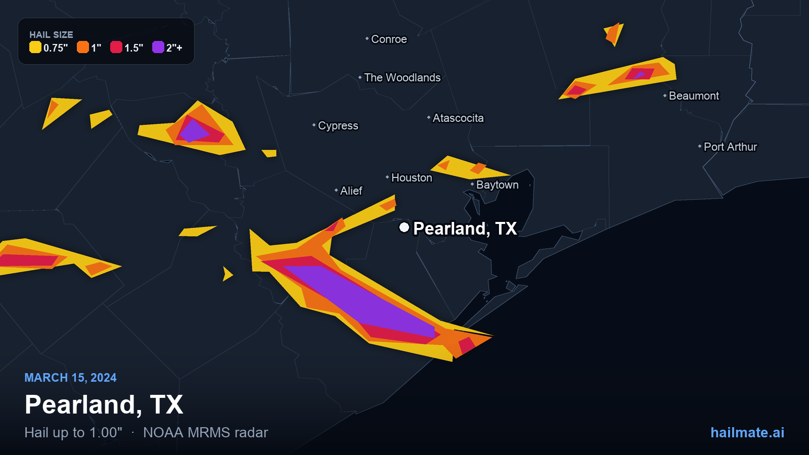 Hail swath map for Pearland, TX on March 15, 2024 showing 1.00 inch hail.