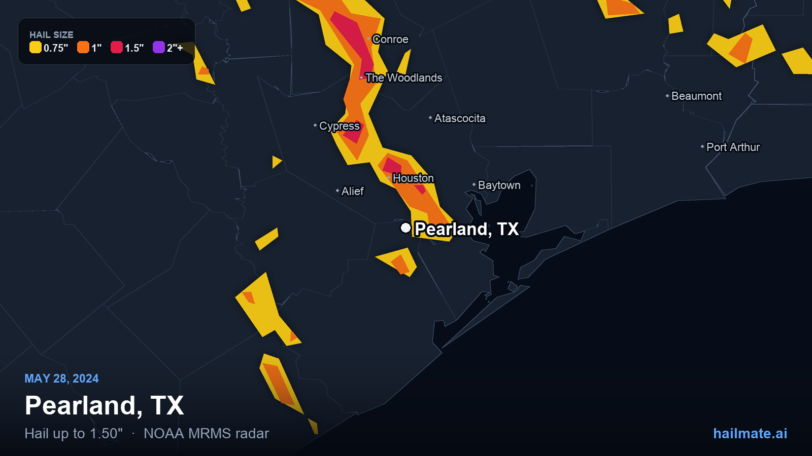 Hail swath map for Pearland, TX on May 28, 2024 showing 1.50 inch hail.